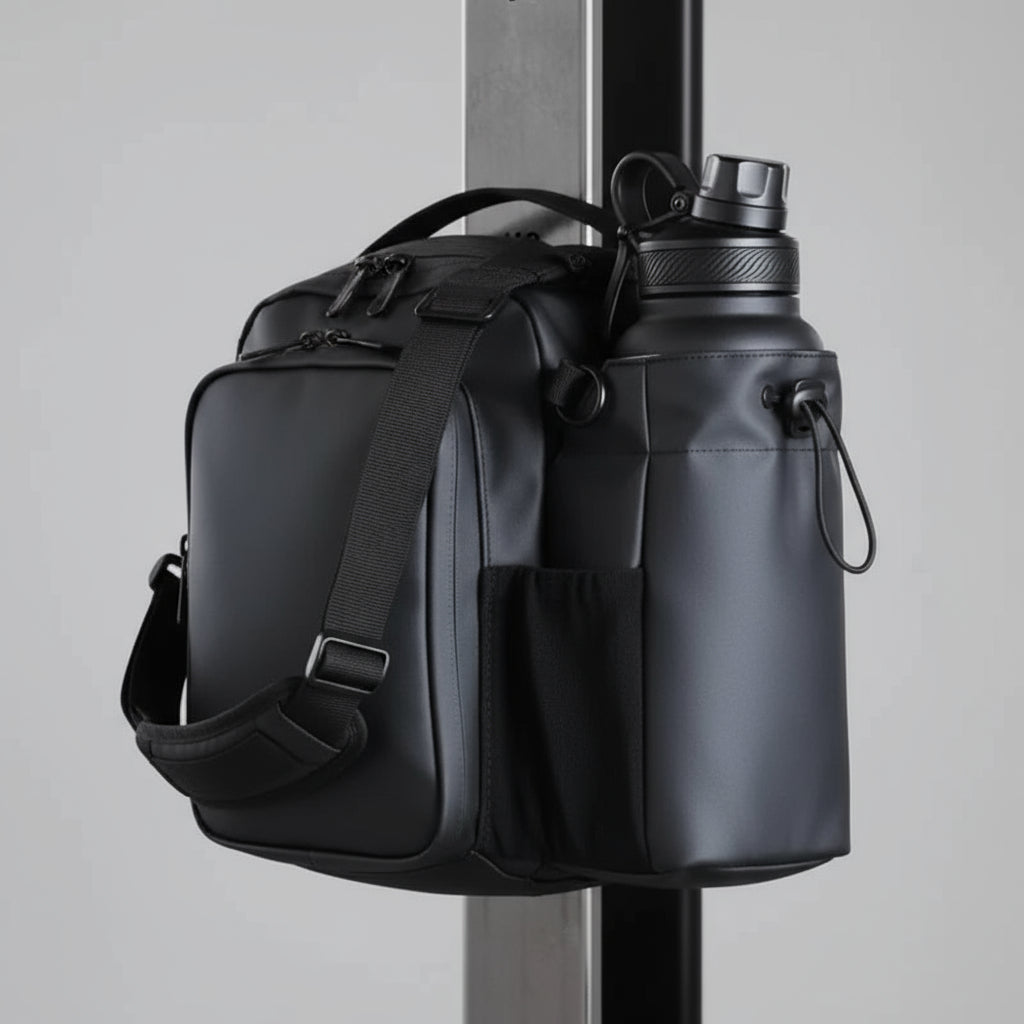 Black water bottle with magnetic backing feature and measurement scale on a dark background