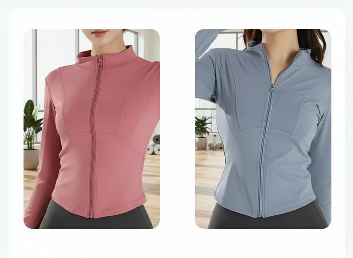 Two jackets, one pink and one gray, worn by a person on a white background.