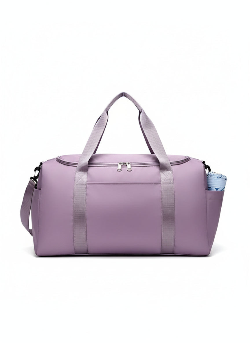 Purple suitcase with features highlighted on a white background