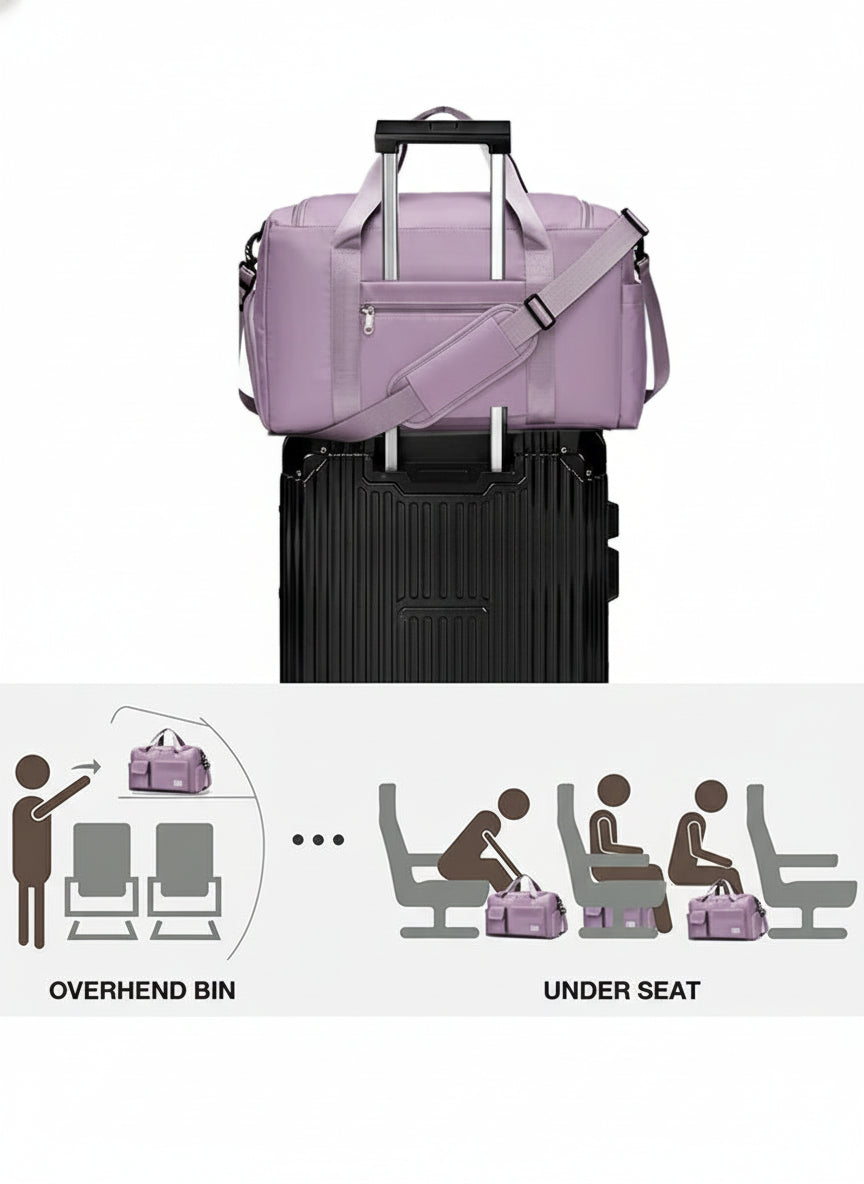 Purple travel bag with text about TSA friendliness and travel scenarios on a white background.