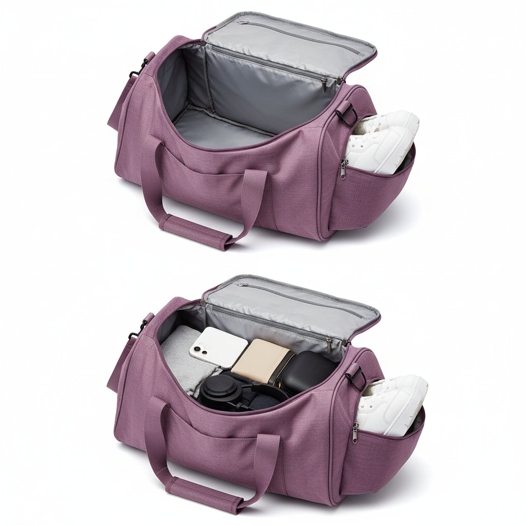 Purple travel bag with labeled compartments on a white background, featuring the brand 'UNIXINU'.